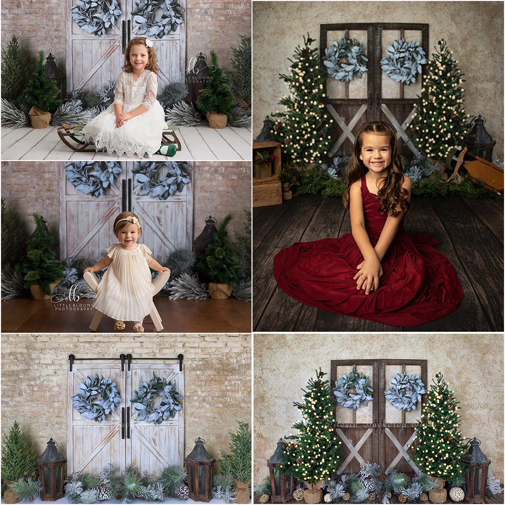 

Winter Blue Christmas Photo Background Kids Portrait Photo Studio Props Rustic Wooden Doors Wreath Decor Photography Backdrop