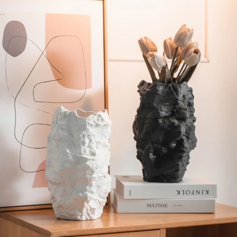 Ceramic Vase Irregular Stone Grain Black and White Flower Pots Accessories for Flower Arrangement Craft Ornaments Flower Vases