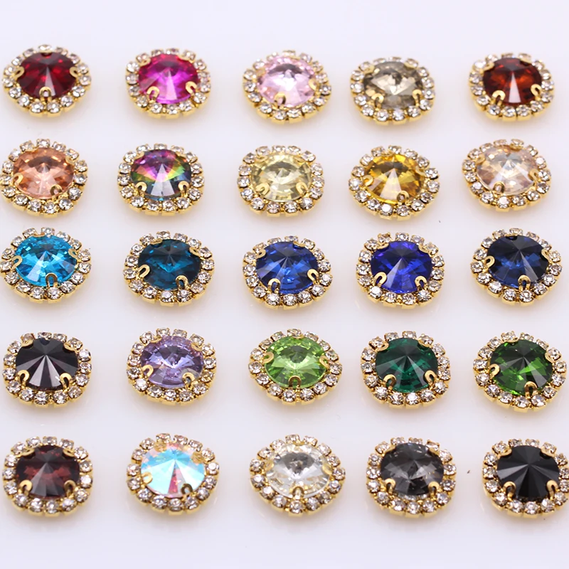 24 Colors 12/18mm Rivoli round sew on crystal rhinestones glass beads claw chain gold setting fancy stone sewing Embellishment