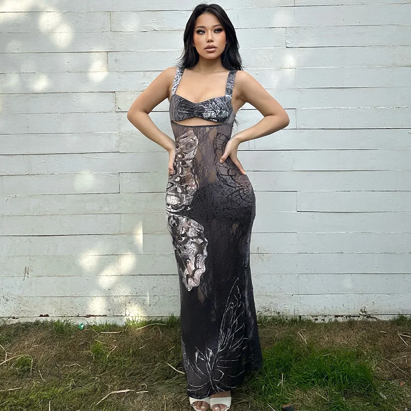 Elegante renda colorida impressão cortar maxi vestido sem mangas sem costas bodycon vestido longo senhora festa à noite clube vestido de luxo