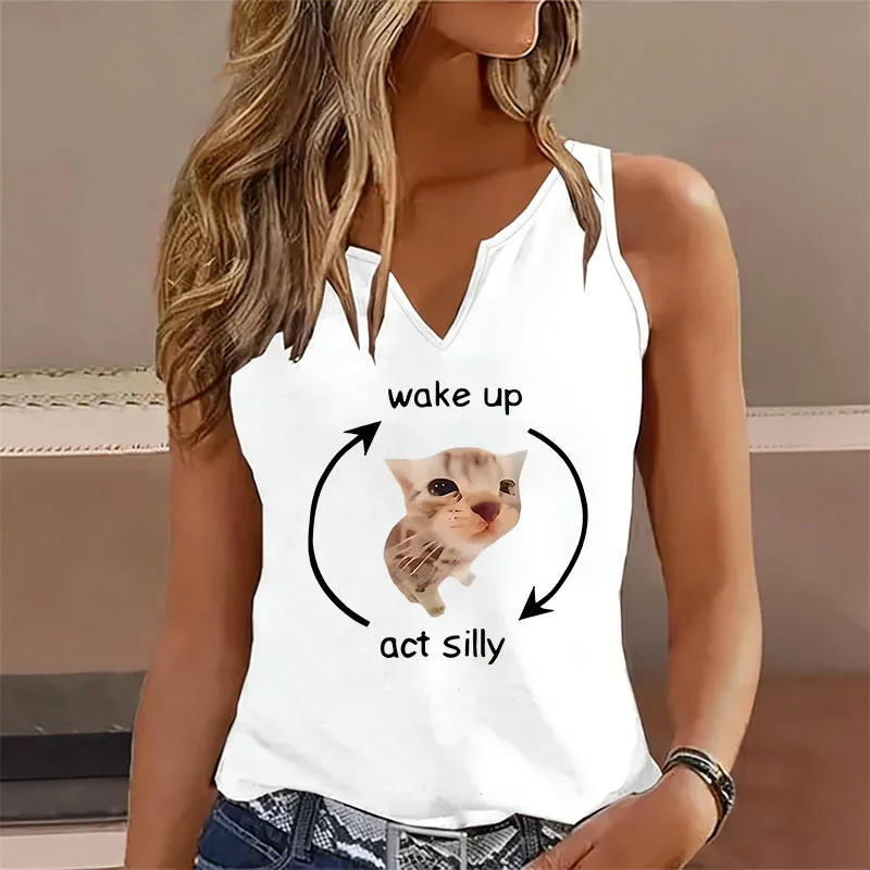 Funny Wake Up Act Silly Meme Graphic Sleeveless Tank Top T-shirt V Neck Vest T Shirts Women  Tee Shirt V-Neck