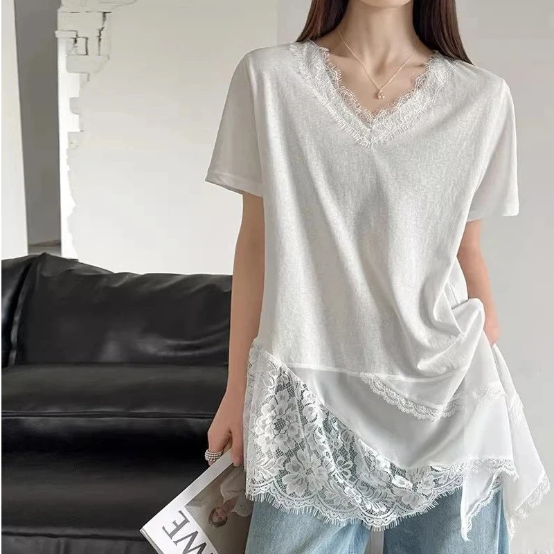 Thin Simplicity Lace Patchwork Loose Solid Lazy Tops Short Sleeve Irregular Casual T Shirts Summer Korean Fashion Women Clothing