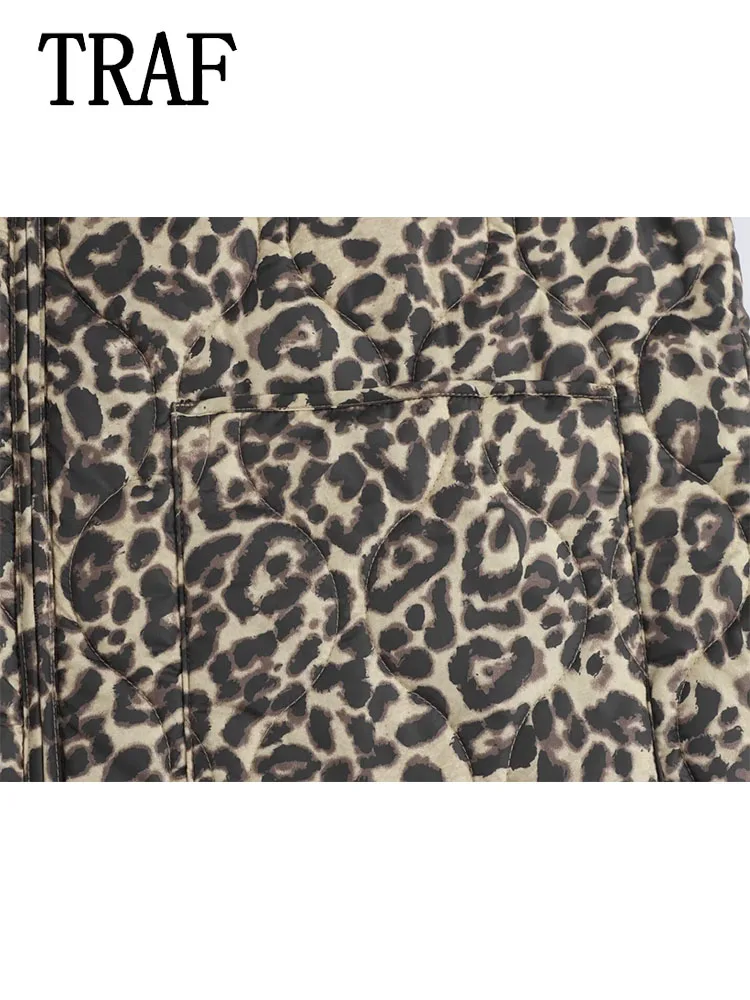 TRAF Women Fashion Leopard Print Coat Winter Cotton Coats For Women Loose Long Sleeves Pockets New in Outerwears Coat