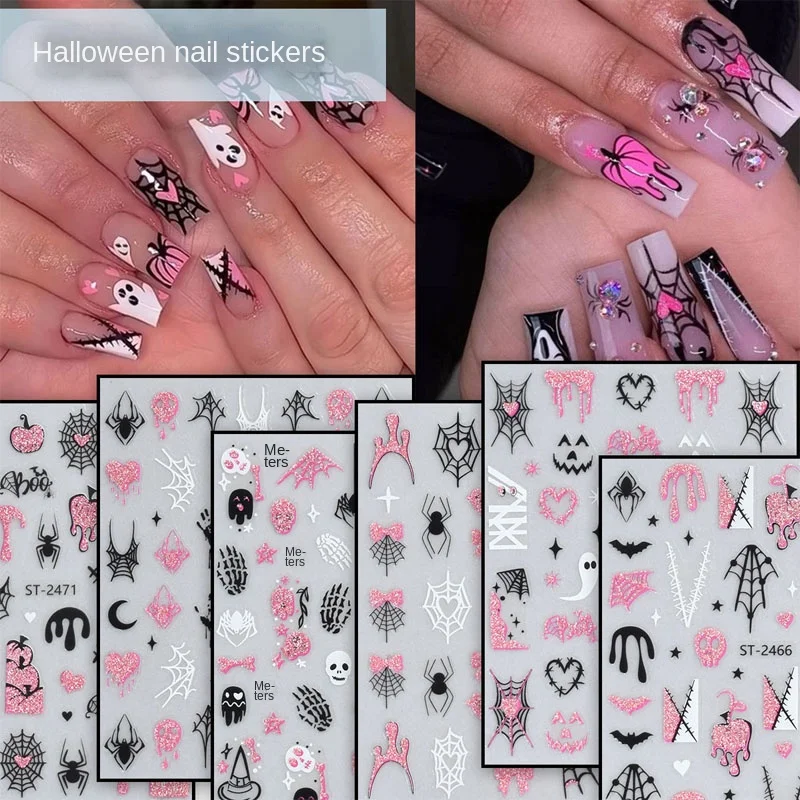 

1pcs Halloween themed Nail Stickers Pink Black Style with Spider Web Ghost Elements