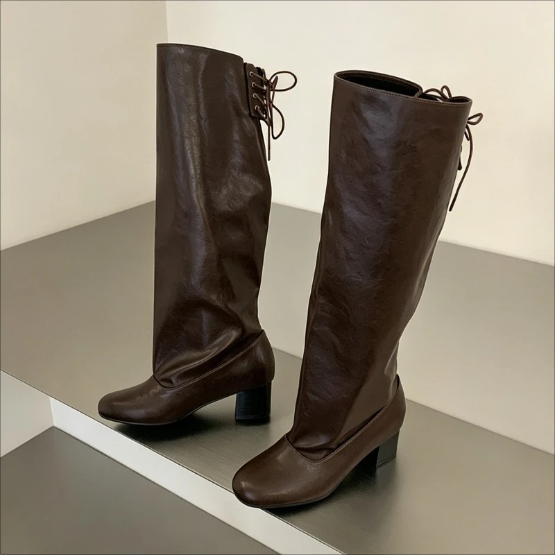 Soft Leather Chunky Heel Knee High Boots Women Cross Straps Details Stacking Fashion Winter Boots Brown Retro Long Women Boots