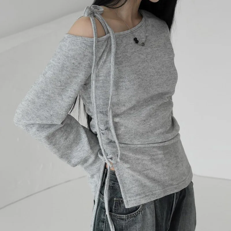 

Fashionable Slant Neck Solid Color Long Sleeved Knitted T-Shirt With Niche Design, Off Shoulder Lace Up, Slit, Pleat, Waist