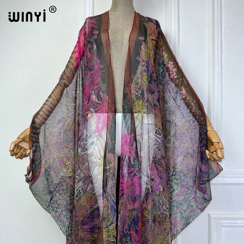 WINYI print kimono Bikini Cover-ups Elegant maxi dress Perspective sexy loose Holiday beach outfits for women free size Cardigan