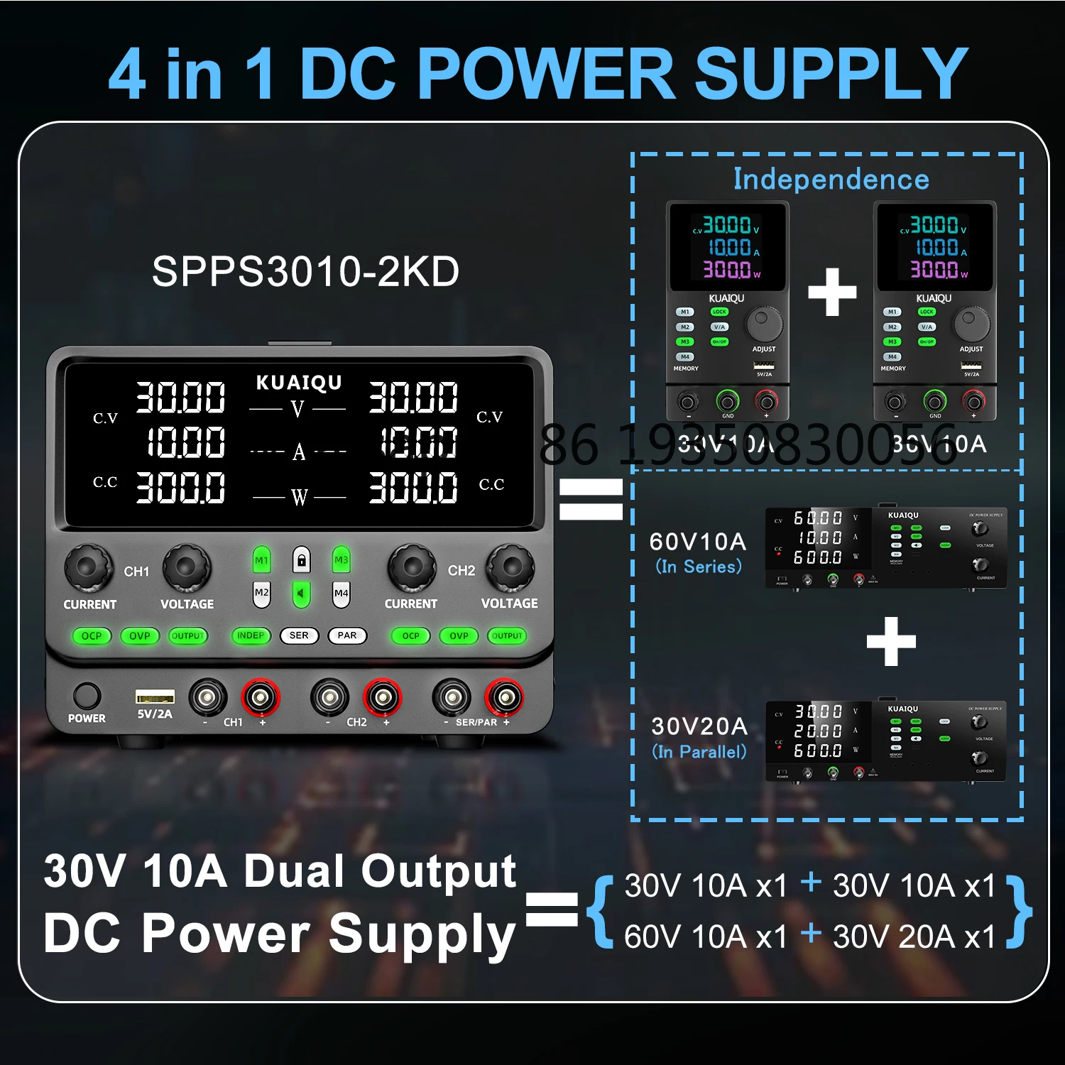 KUAIQU SPPS3010-2KD 30V 10A Dual Channel DC Power Supply Variable OCP OVP Memory 60V 10A Series Parallel 30V 20A Switching