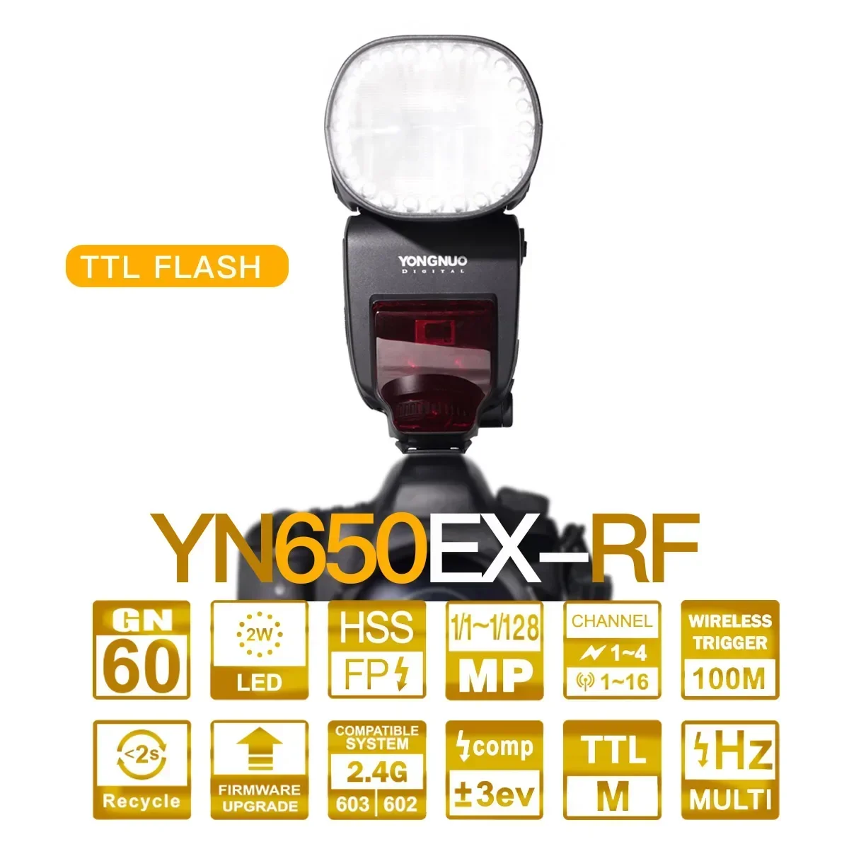 Flash Speedlite Sem Fio Yongnuo YN650EX-RF com 24 LEDs TTL HSS, Sistema RF 2.4G Integrado para Canon