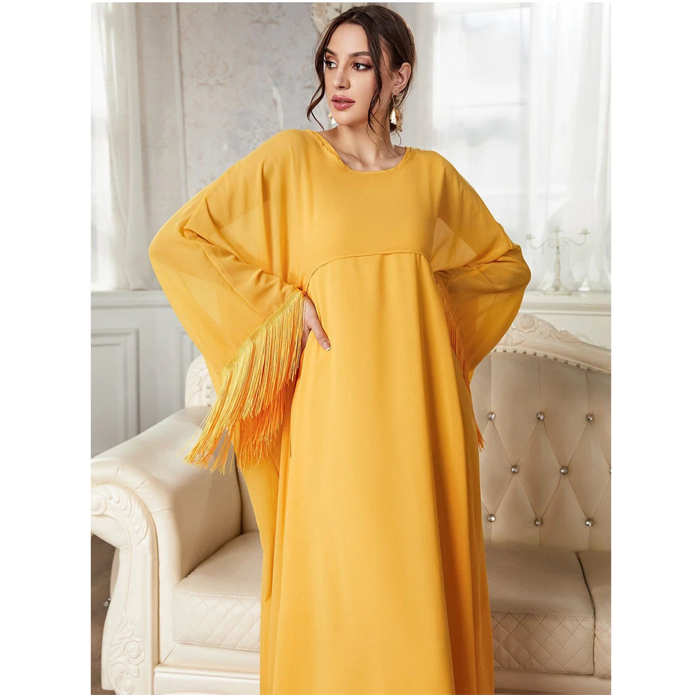 2pcs Marocain Kaftan Eid Mubarak Women Loose Tassel Maxi Smock Dress Dubai Abaya Turkey Kaftan Arab Robe Ramadan Abayas Djellaba