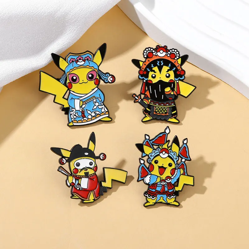 4Pcs Chinese Opera Style Cartoon Creature Enamel Pins Set, National Trend Brooches, Decor Badges for Backpacks Coats Gifts