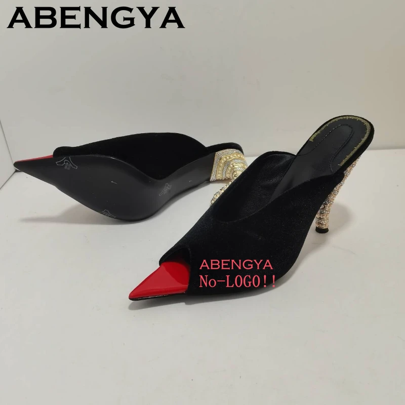 

2025 Summer Fashion Strange High Heels Crystal Slippers Women Pointy Toe Slip On Pump Mules Sexy Runway Party Slides Shoes Mujer