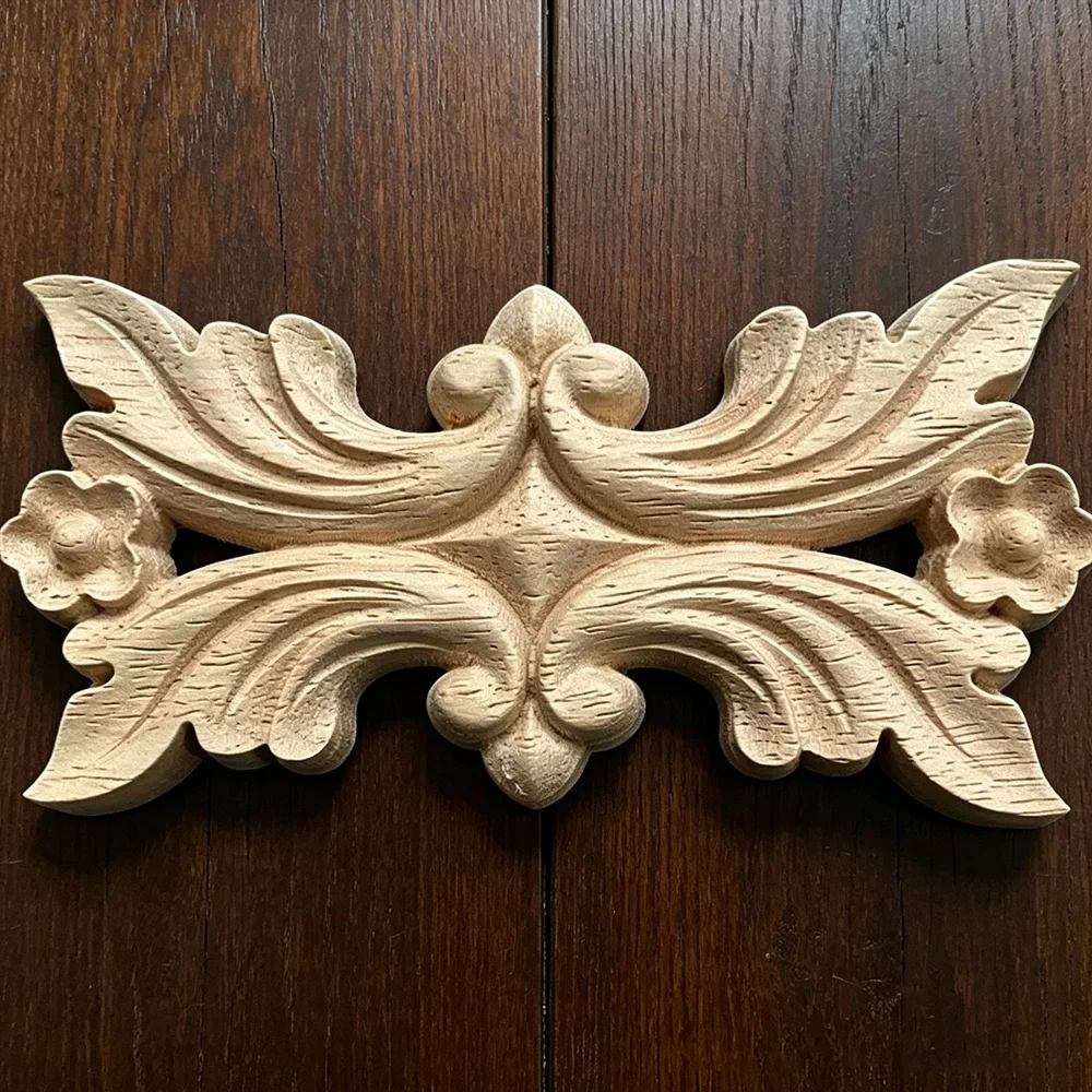 11cm Natural Woodcarving Rose Flower Corner Appliques Wood Floral Carved Furniture Cabinet Door Unpainted Mouldings Decal Decor