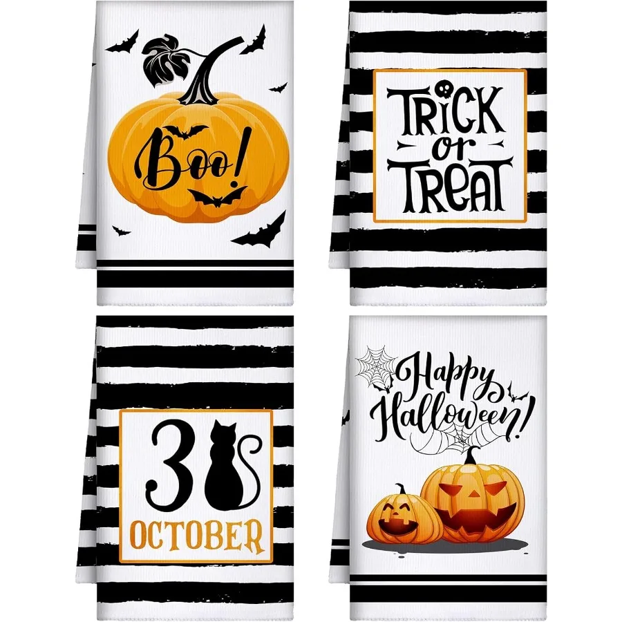 

4 Pcs Halloween Kitchen Towels 16 x 24 Inch Happy Halloween Hand Towels Pumpkin Bat Dish Cloth Black White Cat Decorative Absor