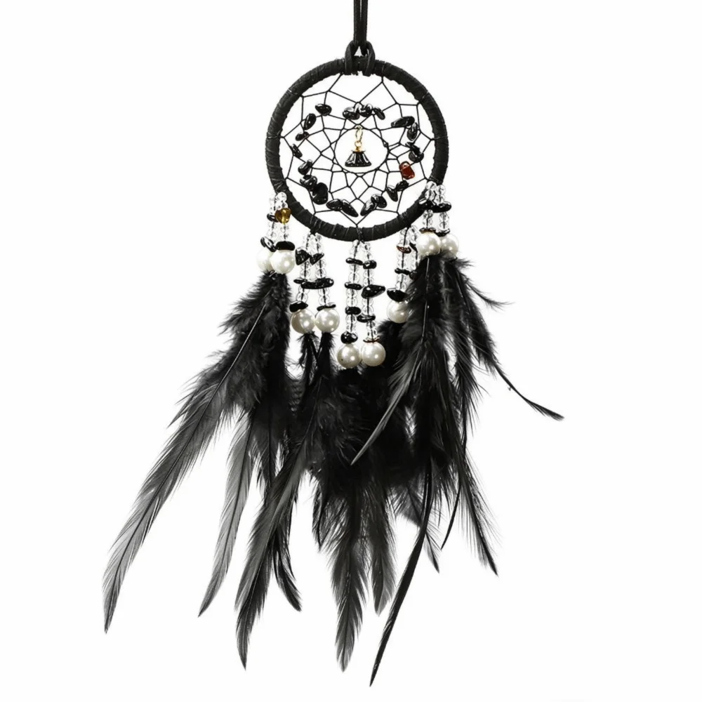 Black Dream Catcher Feather Crystal Stone Car Dream Catcher Plastic Bead Leather Wrapped Iron Ring Hanging Pendant