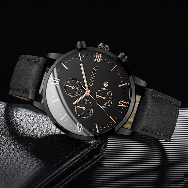 1PC Men\'s Watch Casual Leather Band Analog Quartz Watches with Calendar