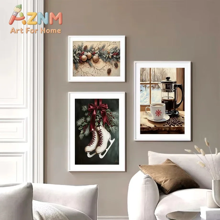 Pink Bow Christmas Gift Christmas Tree Snow House Cable Car Sleigh Fashion Wall Art Canvas Painting Nordic Poster Room Decor