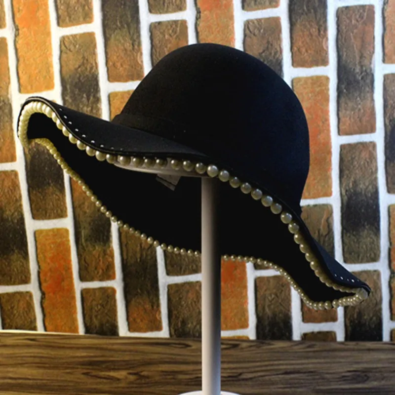 New Autumn Winter Wool Felt Hat Women Retro Wide Brim Pearl Decor Fashion Street Travel Fedora Cap Nice Gift For Mom Daily