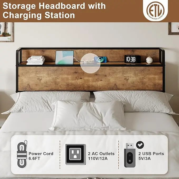 King Size Lift Up Storage Bed Frame,  Platform  Frame with Lifting Storage & Charging Station, No Spring Box Needed/Noise Free