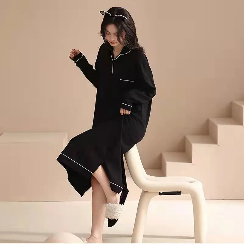 Loose Cozy Nightgowns Women Over Knees Casual Sleepwear Draped Long Sleeve Elegant Female Lounge Wear Spring Fall Black V-neck