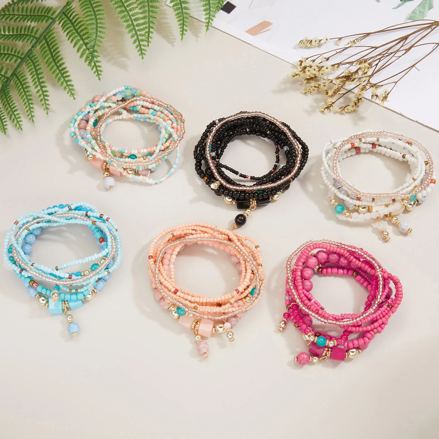 Bohemian Multilayer Rice Beaded Bracelet Set For Women Colorful Beads Crystal Natural Stone Bracelet Bangles Party Charm Jewelry