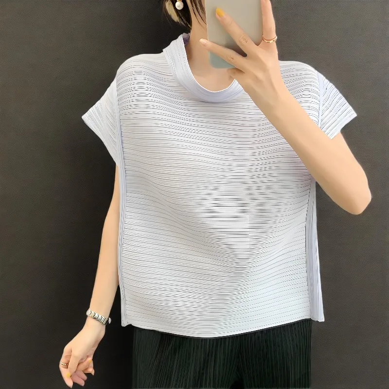 

Miyake Pleated T-shirt 2025 Summer New Miyake Pleated Solid Color Small Shirt Wrap Sleeve T-shirt Pleated Blouse Female Commuter