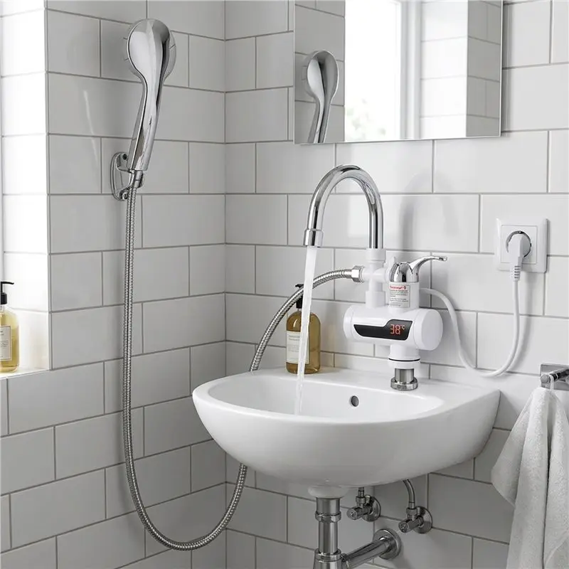 B47B-Side Water Inlet Rotatable Bathroom Faucet Kitchen Heating Digital Display Household Instant Hot Water Faucet EU Plug