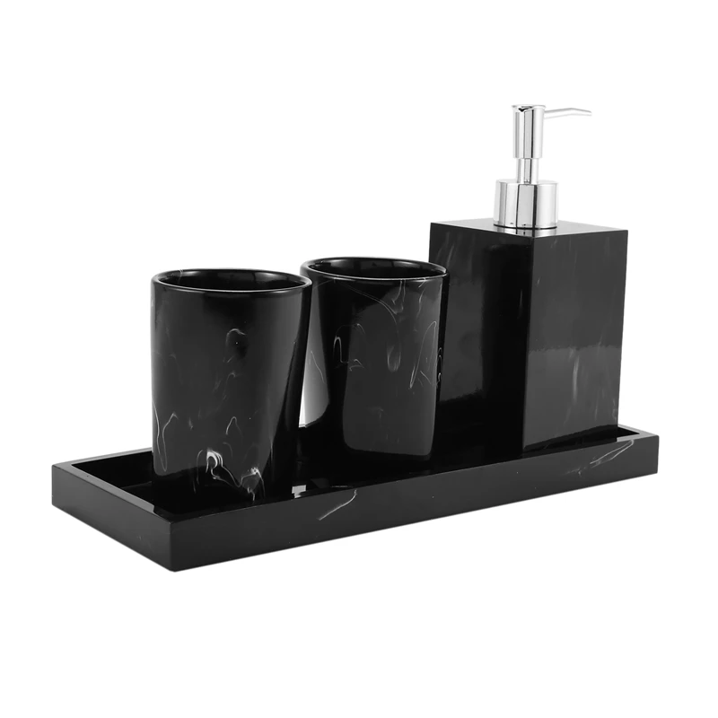 Marble Texture Bathroom Supplies Black 4Pcs Resin Bathroom Accessories With Dispenser Toothbrush Holder Soap Dispenser