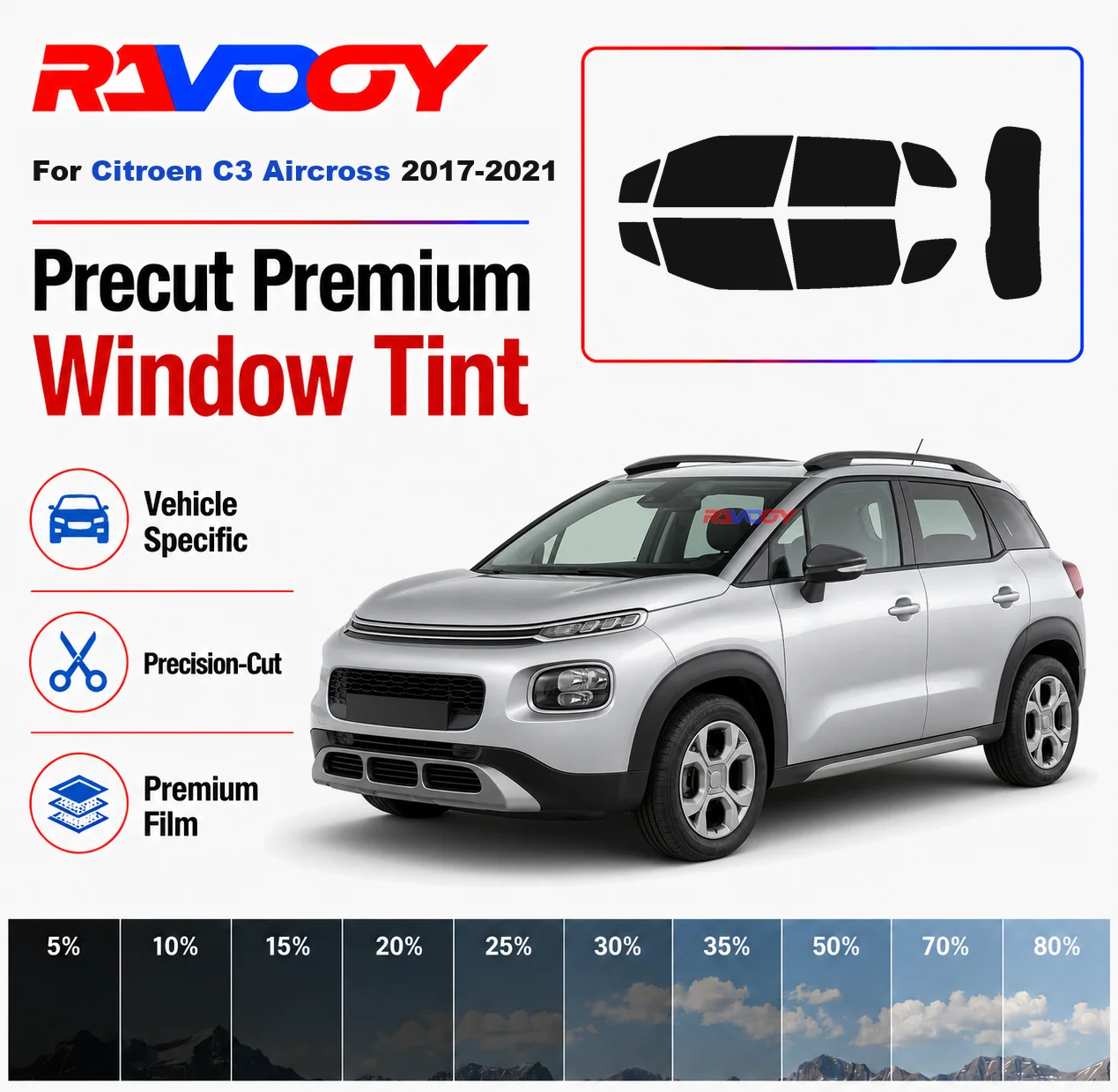 Premium Precut Window Tint Kit Front Rear Windows Rear Windshield For Citroen C3 Aircross 2017-2021 Car Solar Nano Ceramic Film