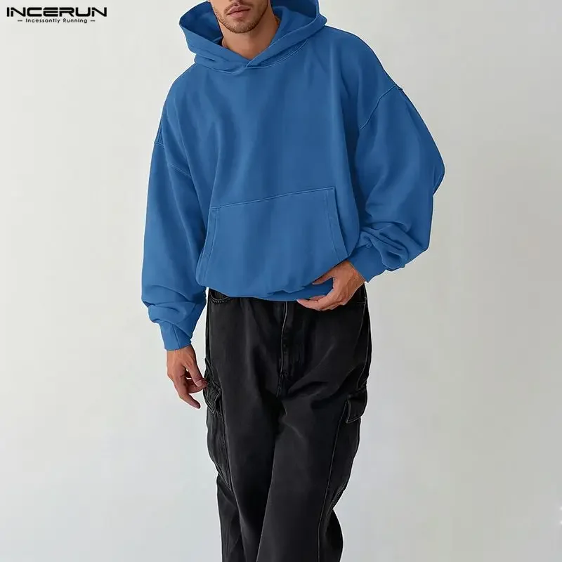 

INCERUN мужские толстовки с капюшоном, однотонные мужские толстовки с длинными рукавами и карманами, уличная одежда, свободные модные повседневные пуловеры, мужские S-5XL
