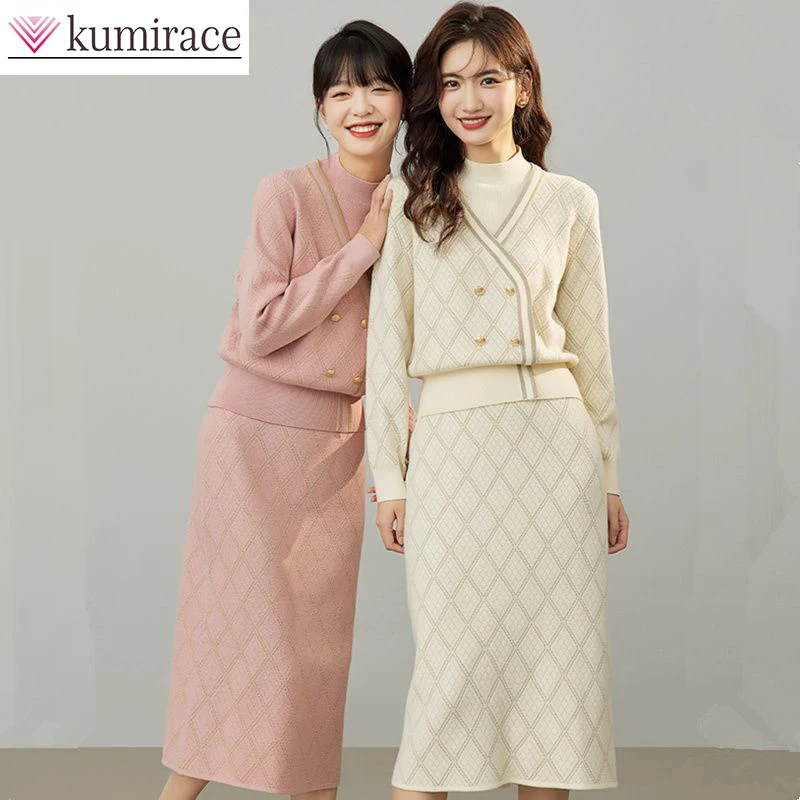 2022 autumn dress new gold jacquard fake two-piece knit women's French long-sleeved jacket skirt two-piece skirt suit women