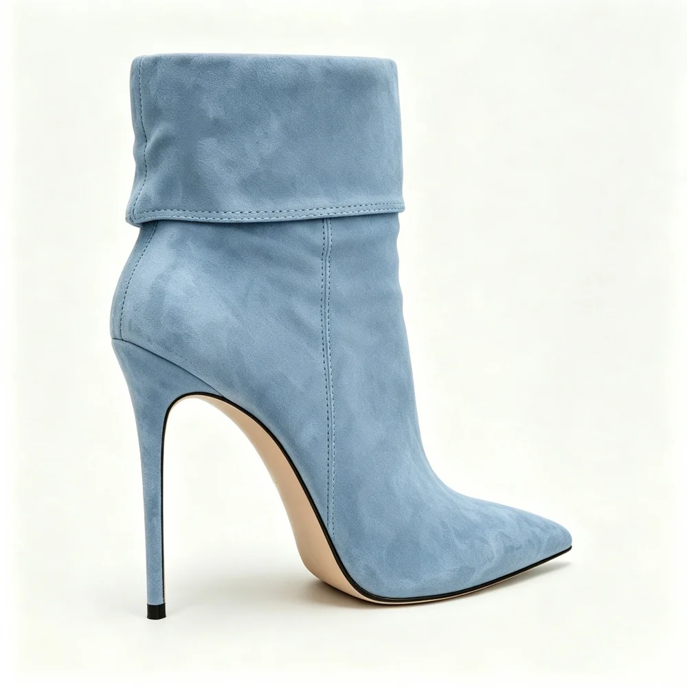 Women Light Blue Suede Ankle Boots Pointed Toe Stiletto Super High Heel Turn Down Cuff Booties Solid Party Evening Dress Shoes