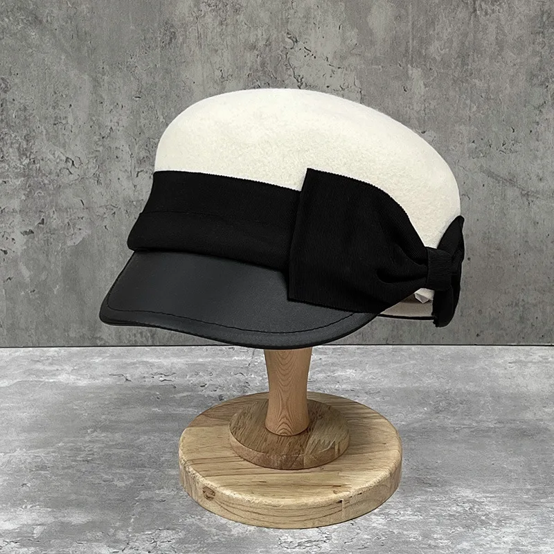 Delicate and elegant little fragrant wind bow wool equestrian hat women\'s British vintage leather bowler hat fashion all-match