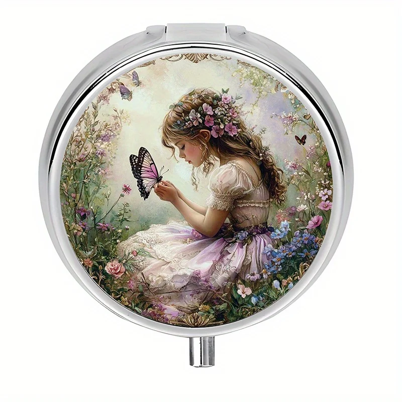Single-piece, flat, round three-compartment pill box, designed with a fairy butterfly garden pattern, a personal medication storage box, fresh and elegant, can be used as an exquisite gift for the elderly or girls