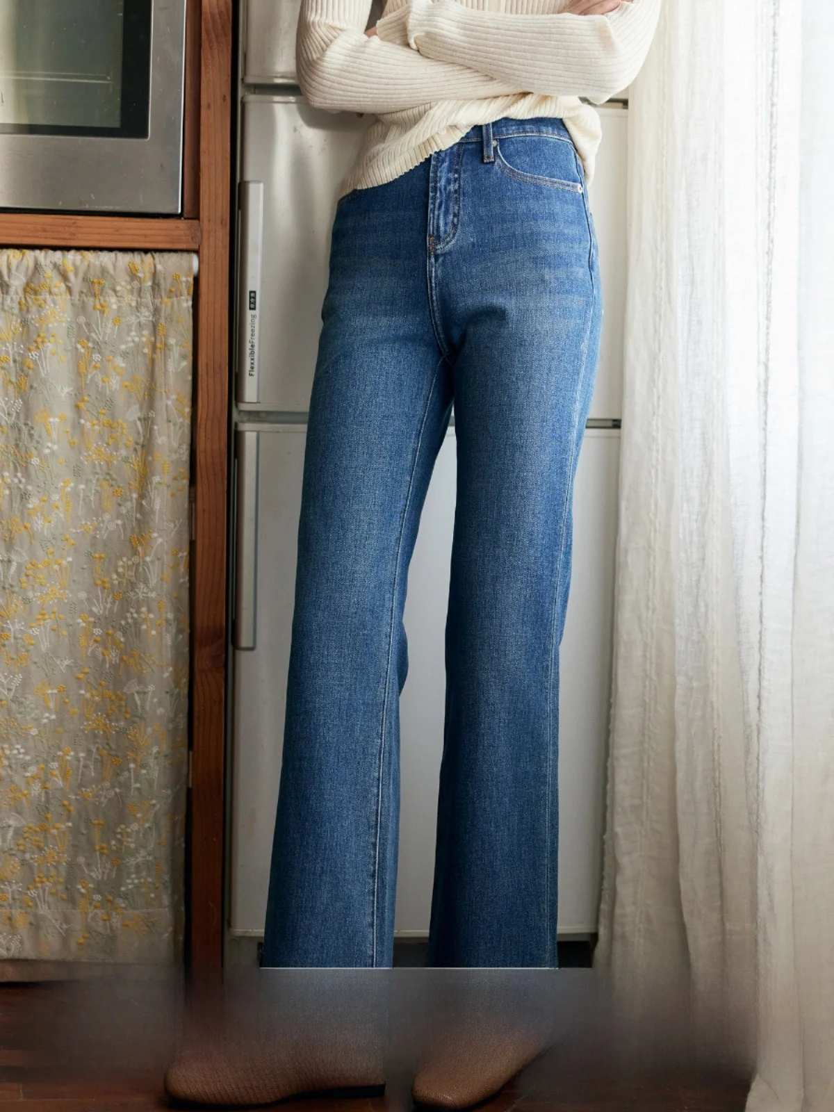 

Высококачественные экологически чистые эластичные джинсы с водяной талией, брюки-колокольчик без пирсинга, апей, французский хлопок, эластичный джинсовый синий цвет