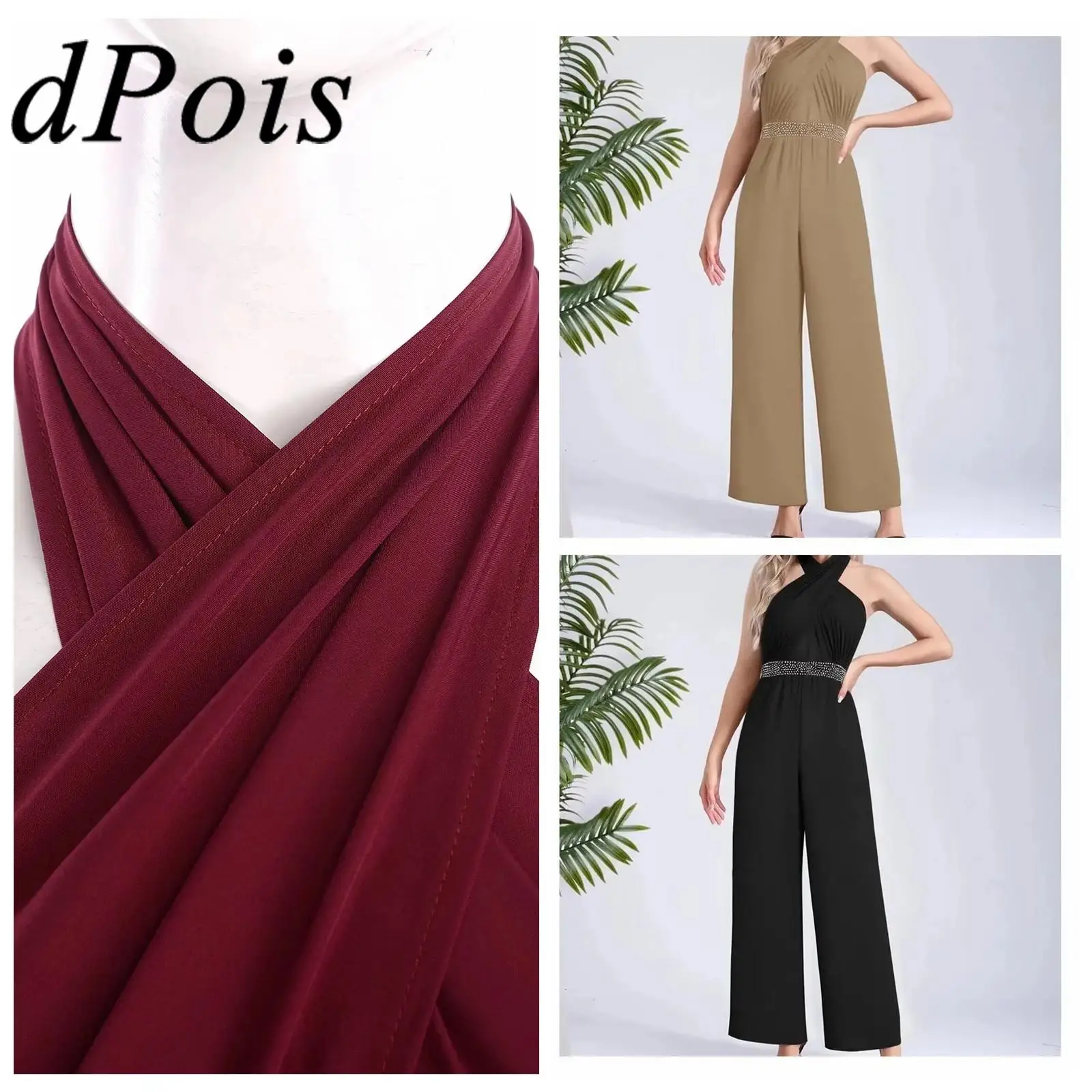 

Neck-Strap Women Fashion Jumpsuits Summer Straight Trousers Shiny Rhinestones Tie-Back Long Pants OL Lady Woman Casual Jumpsuit