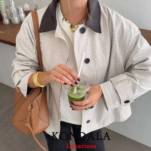 Imagen 2 del producto KONDALA, chaquetas informales con estampado a cuadros para mujer, abrigos con botones y bolsillos de manga larga, moda de otoño 2021, gabardina para mujer, prendas de vestir de oficina