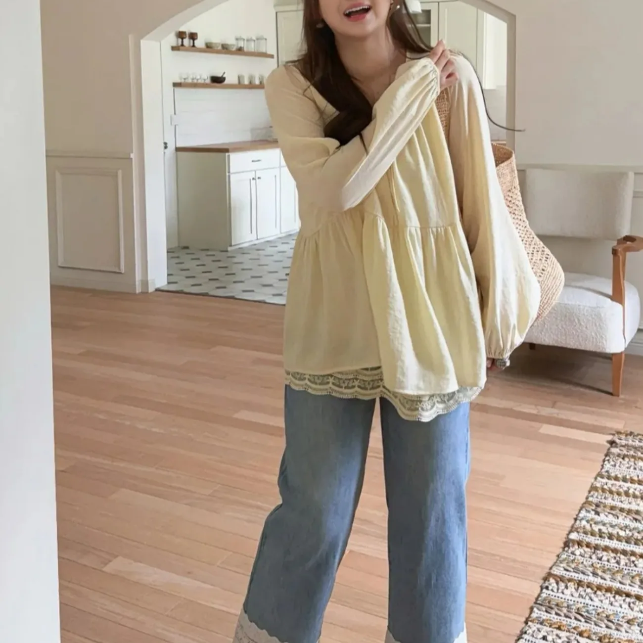 Loose Yellow Long Sve irt Women's Sle Doll irt Autumn Season Big Size Fat MM Fake Two-Piece Polyester Fiber Thin