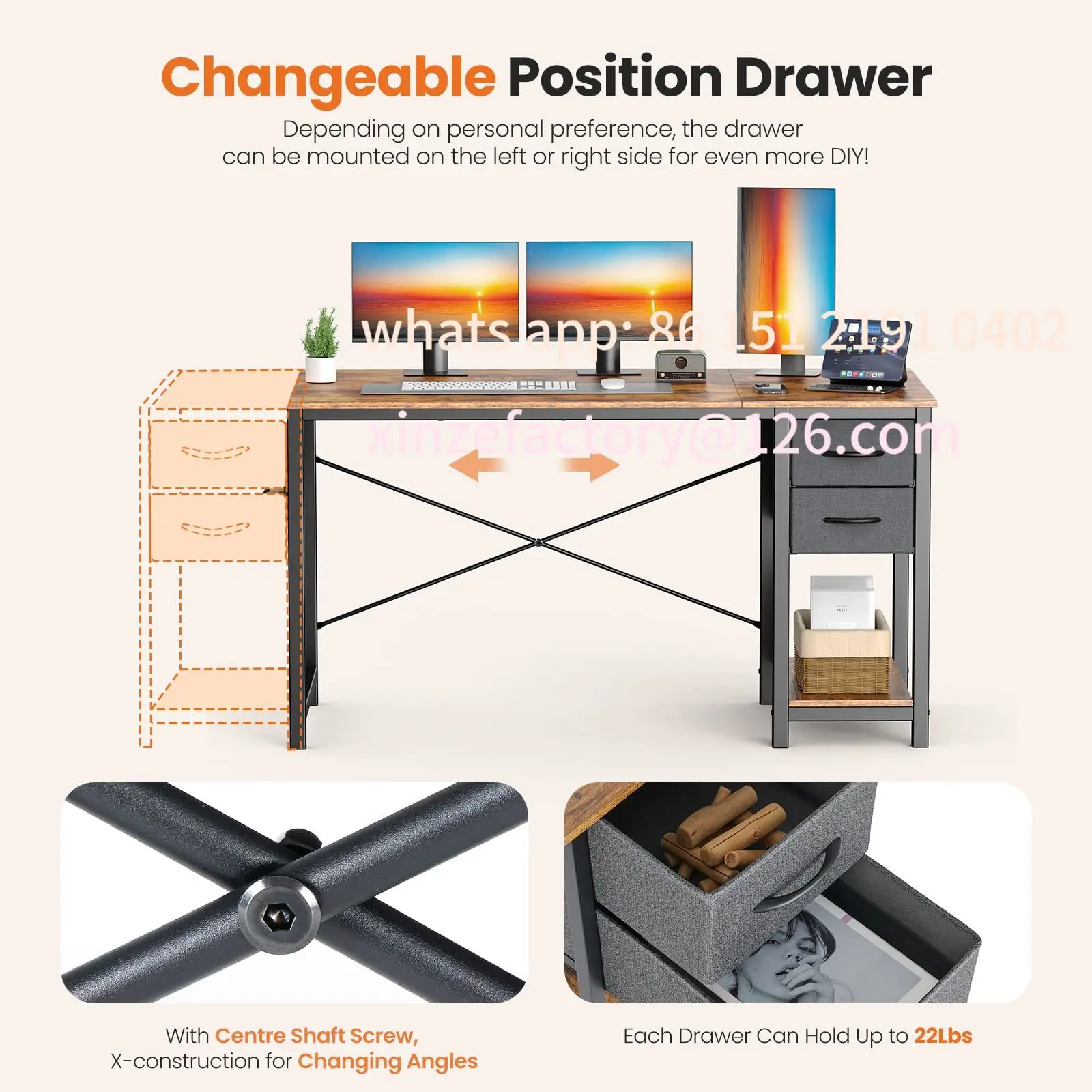Customizable JHK 47IN Computer Desk with 2 Drawers For Study Office Gaming Wood Table with Adjustable Position Drawers Modern Wo