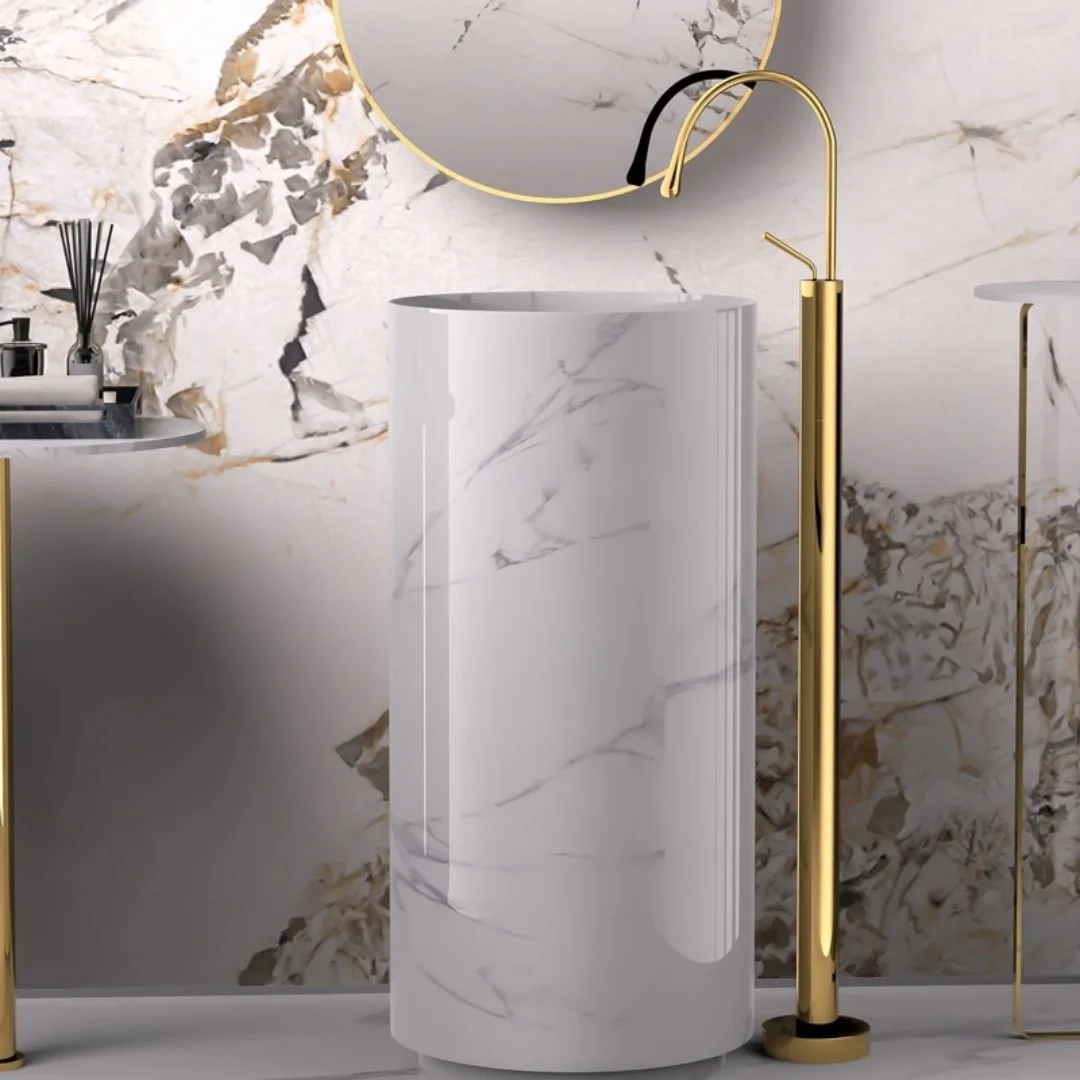 Floor Standing White Bathroom Faucet Black Sink Faucet Tall Basin Faucet Brushed Gold Bathub Faucet Cold &Hot Gold Water Faucet