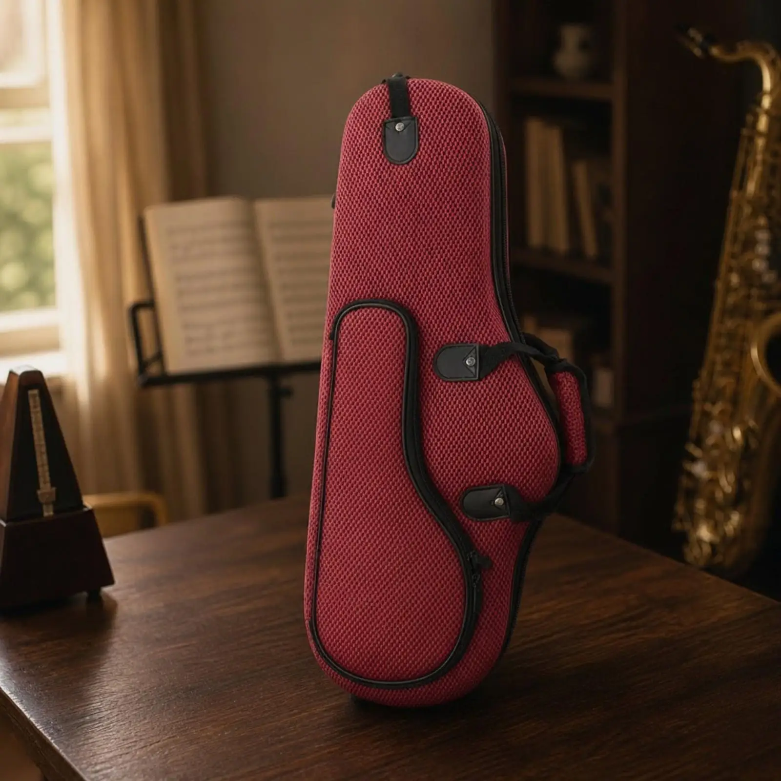 Instrument Case for Alto Saxophone with Molded Rigid Design Gold Trim Detail and Convenient Strap Options for Easy Mobility