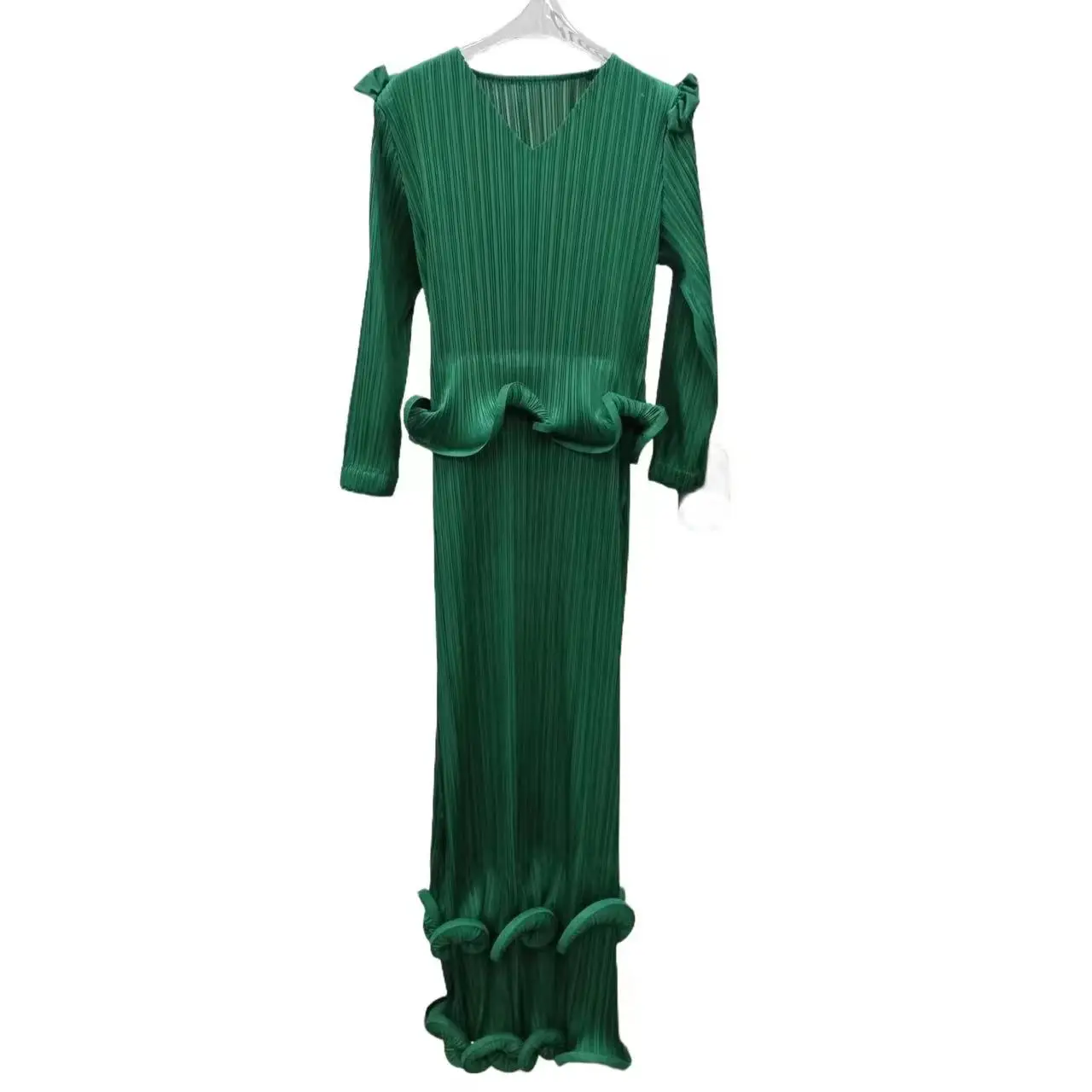 

Autumn And Winter 2023 Miyake Ruffled Long Sleeve Tie Dress Women's Mid-length Simple Slim Pleated Dress