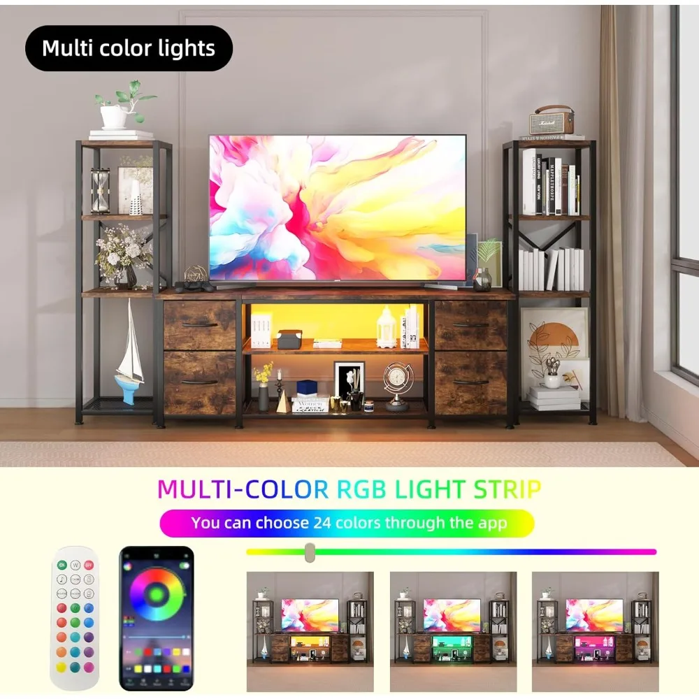 حامل تلفزيون LED حديث مقاس 60 بوصة لغرفة المعيشة مع محطة شحن وأرفف كتب على الطراز الصناعي