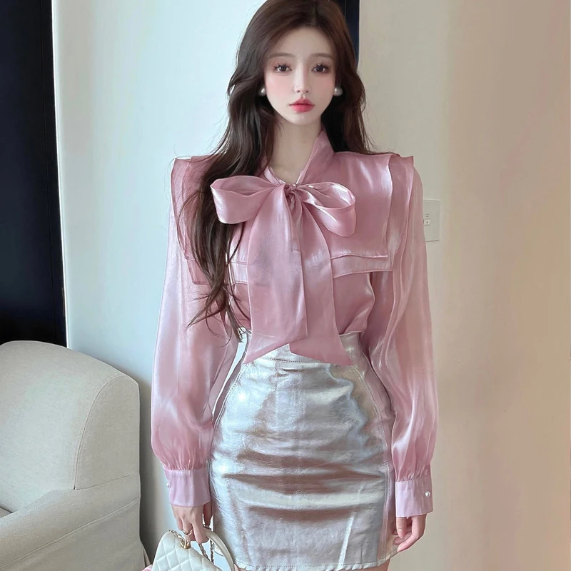 Fashion Bright Tuxedo Shirts Women New Elegant Long Sleeve Bandage Bow Double Peter Pan Collar Blouses and Tops Mujer