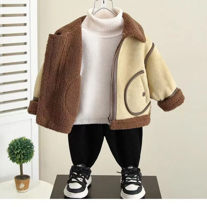 

Boys Add Fleece Coat Autumn and Winter New Baby Winter Fur One Woolen Coat for Children Boys Jacket