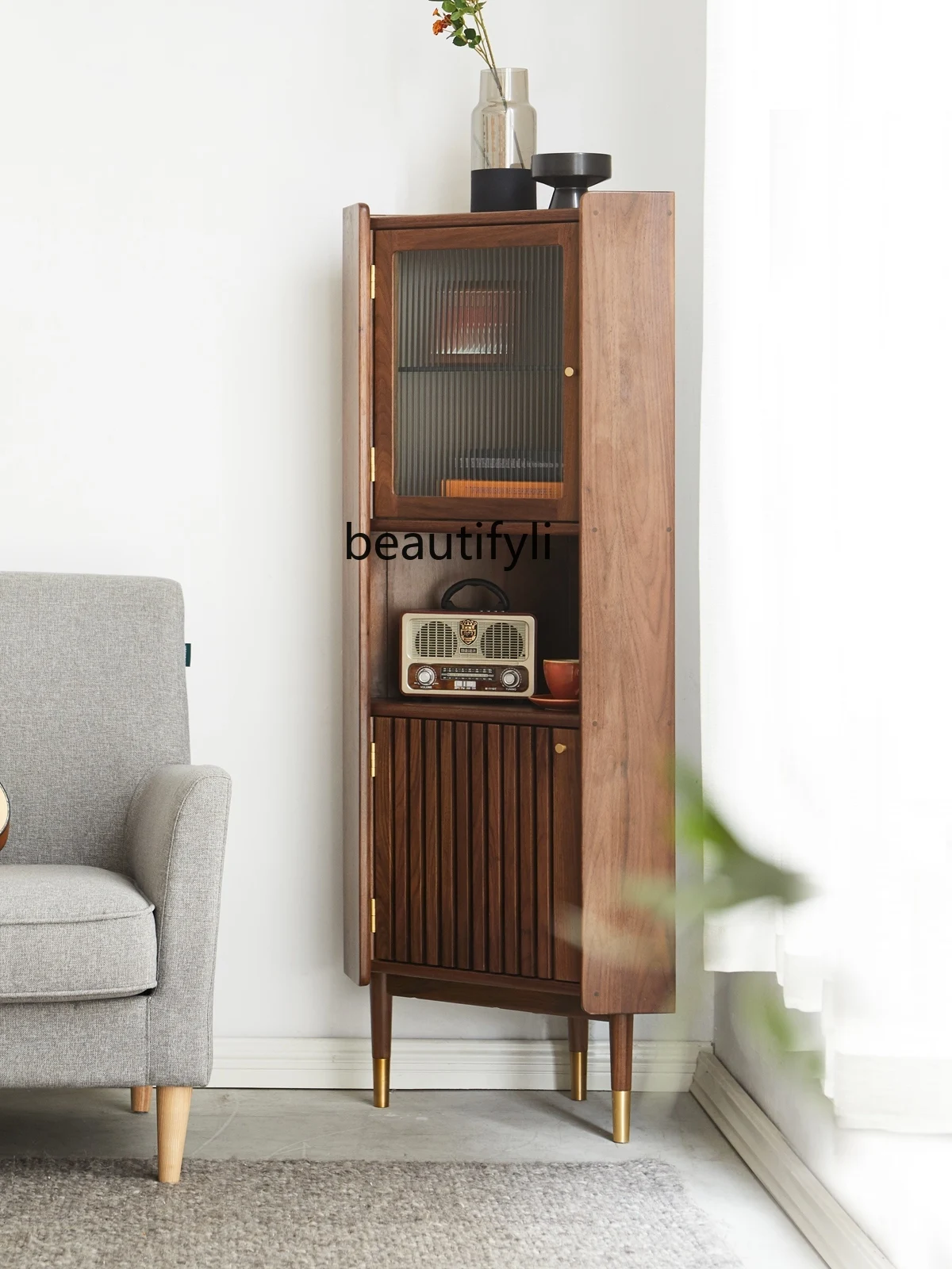 Solid Wood Corner Cabinet Living Room Black Walnut Corner Shelf Household Restaurant Triangle Corner Cabinet