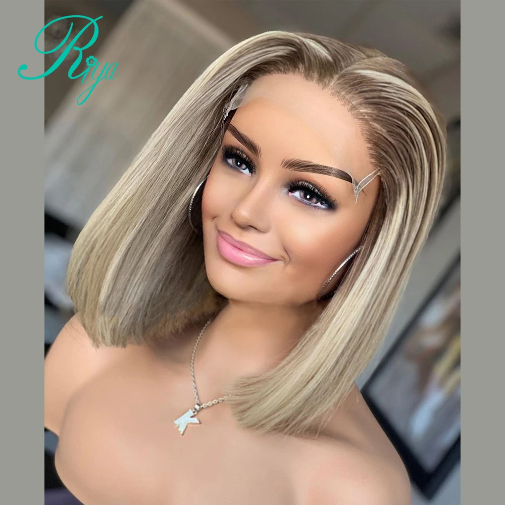 4T613 Honey Blonde Ombre 613 Color 150% 4x4 Lace Closure Wig Short Pixie Bob Cut Straight 13X4 Lace Front Human Hair Wigs Riya