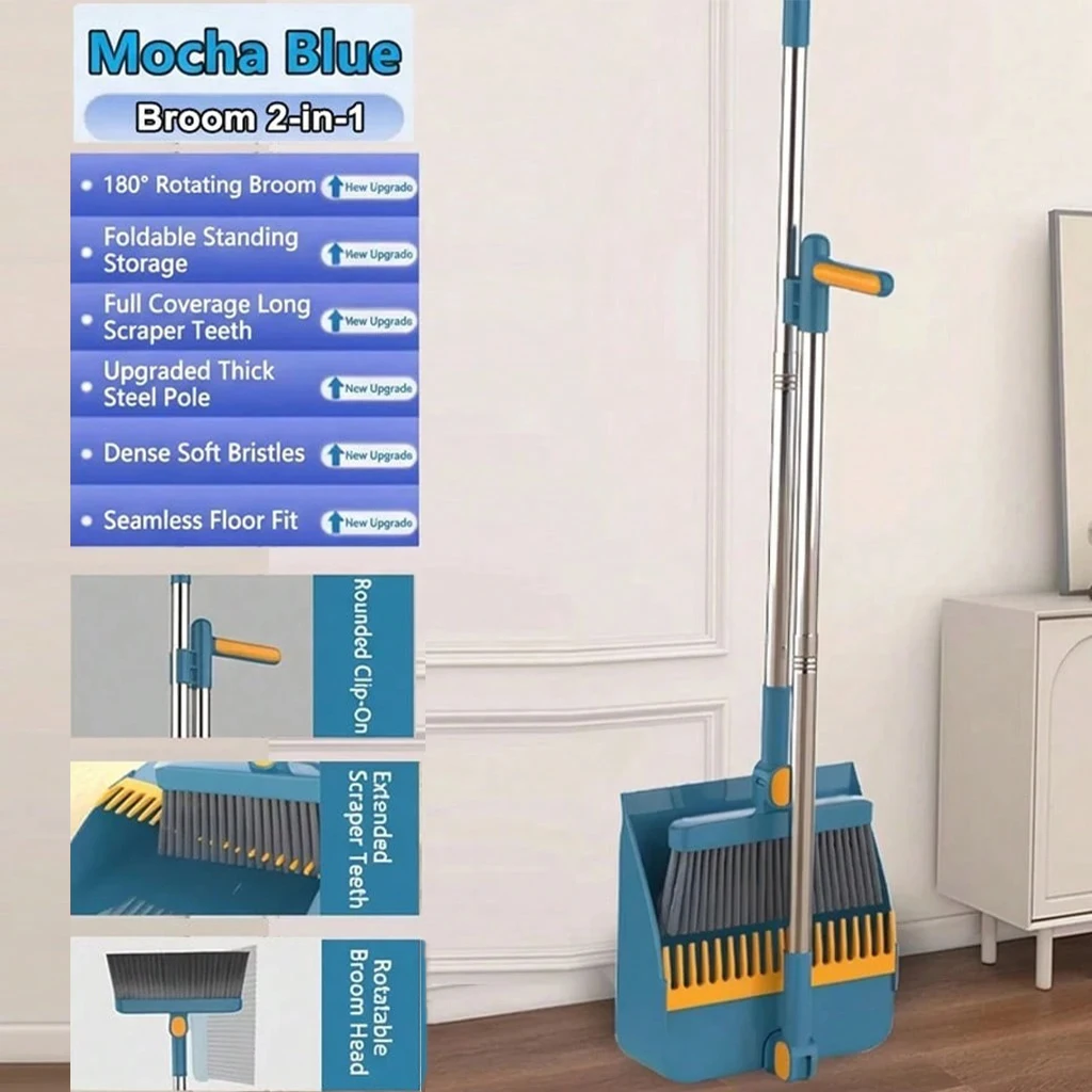 Broom set Foldable Broom And Dustpan Set With Comb Teeth - Pet Hair Removal Sweep Brush For Hardwood Tile Floor Home Kitchen Office Cleaning