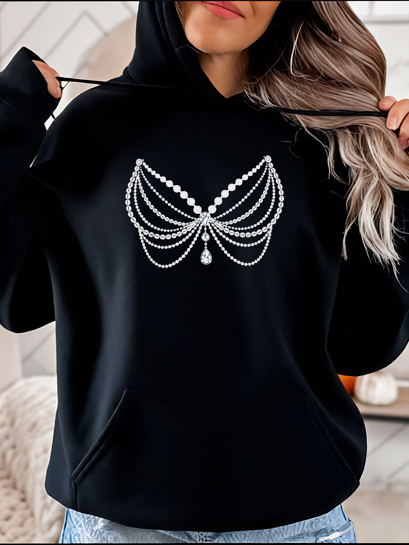 Damenmode Hoodie Perlenkette Print Lässiges Sweatshirt Streetwear Style Kapuzenoberteil 280
