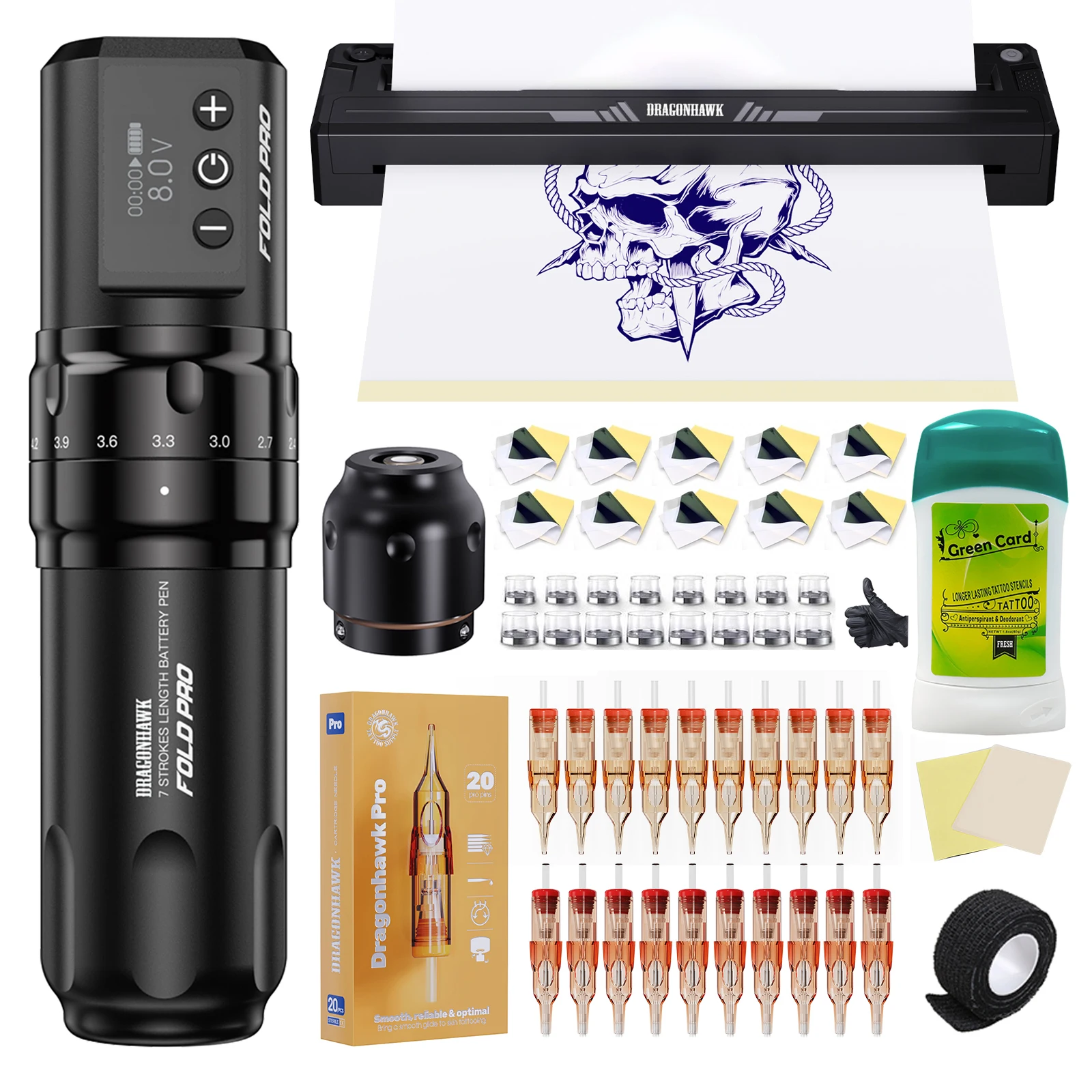 DRAGONHAWK Fold Pro Tattoo Set mit A4 Bluetooth Schablonendrucker Kabellosem Pen mit 7 Einstellbaren Hublängen und 20 Nadelmodulen